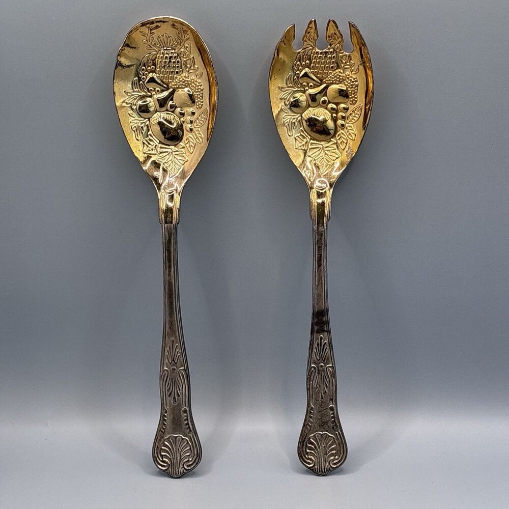 Vintage Gold/Silver  Tone Salad Serving Spoon Fork Set Embossed Fruit Pattern